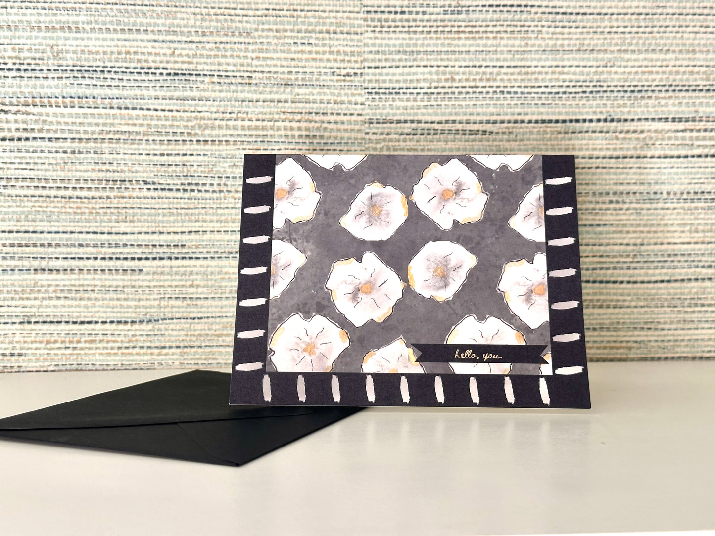 "hello, you." notecard set in The Rose (black)